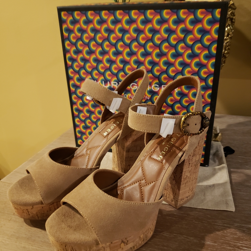 Kurt Geiger Mayfair Tan Cork Platform Block Heel Sandals w/ Crystal Eagle NIB! ♡ - Picture 5 of 11